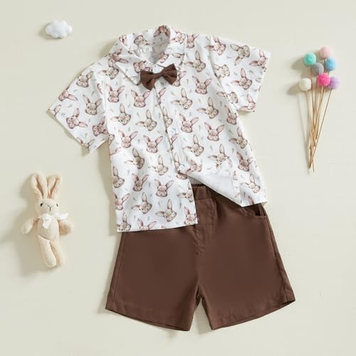 Image of Owl's-Yard Baby Boy Easter Outfits Rabbit Carrot Short Sleeve Button Down Shirts and Solid Color Shorts 2 Pcs Summer Set