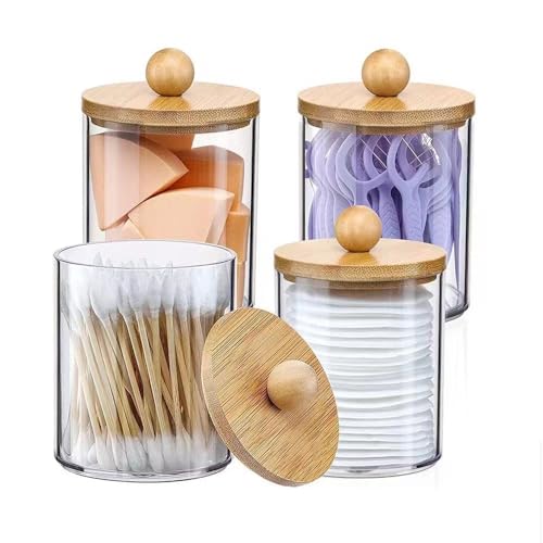 4 Pack Qtip Holder Dispensers for Cotton Ball Swab Cotton Round Pads Floss Small Clear Plastic Apothecary Jar Containers with Wood Lid Vanity Makeup Storage Organizer Bathroom Storage Organization 06