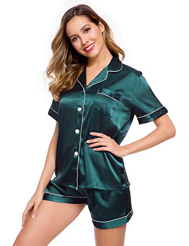 Image of LecGee Womens Silk Satin Pajamas Short Sleeve Loungewear Two-Piece Sleepwear Button-Down Pj Set