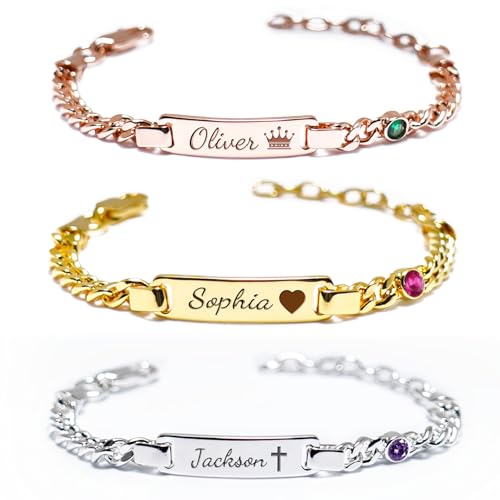 Personalized Baby Birthstone Name Bracelet with 18k Gold Plated Adjustable Length in Rose Gold, Argent, Gold