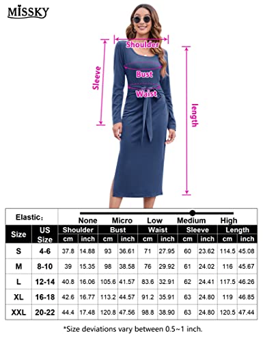 Missky Womens Plus Size Long Sleeve Dress Midi Side Slit Bodycon Long Sleeve Dress Square Neck Slim Fit Dress Plus Size Women Belted Knit Sweater Dress Women Plus Size Dresses Blue Xx-Large #TOP5