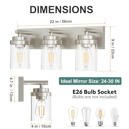 Image of IZORRO Bathroom Vanity Light Fixture, 3-Light 22 Inch Brushed Nickel Bathroom Light Fixtures Over Mirror, with Clear Glass Shade, Modern Farmhouse Vanity Lights, Rustic Restroom Lighting Fixtures