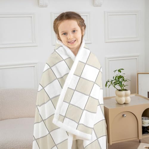 Image of Erosebridal Plaid Fleece Blanket Queen 90 inchx90 inch Beige White Checkerboard Sherpa Blanket Geometric Checkered Fuzzy Plush Throw for Kids Boys Girls,Aesthetic Grids Decor for Bed Couch