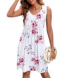 Zeagoo Summer Dresses for Women V Neck Sun Dress Tank Dresses with Pockets Casual Dresses Floral Whi