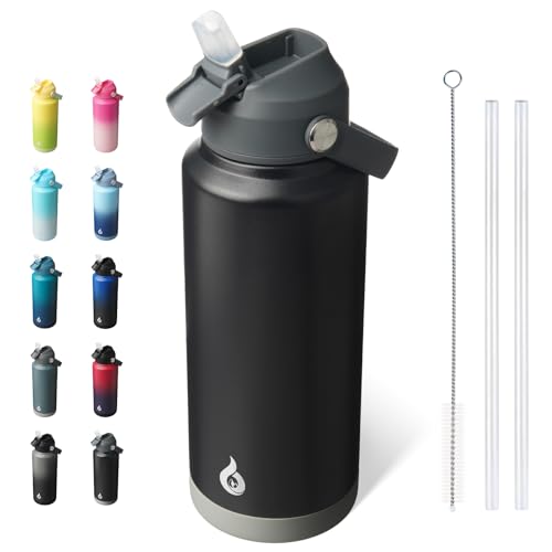 Image of BJPKPK Water Bottle with Straw Lid, 32oz Vacuum Insulated Water Bottles, Metal Stainless Steel Thermo for Sports, Travel, BPA Free Leak Proof Thermo, Cups, Flasks, Tumblers,Black