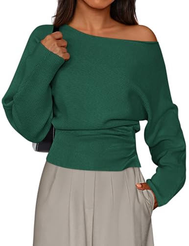 PRETTYGARDEN Women Off The Shoulder Sweater 2025 Fall Trendy Long Batwing Sleeve Knit Pullover Going Out Tops Winter Clothing (Green,Small)