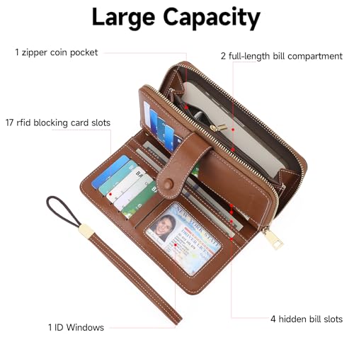 Image of Wristlet Women's Wallet Phone Purse RFID Blocking Large Capacity Card Holder Leather Brown