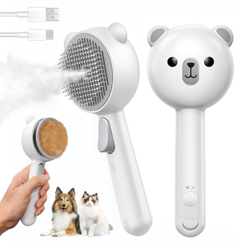 Pecait Cat Steam Brush, Self Cleaning Pet Spray Hair Removal Comb with Release Button, 3 in 1 Cat Brush for Indoor Cats for Shedding, Waterproof Pet Grooming Brushes for Long Short Haired Dogs Cats