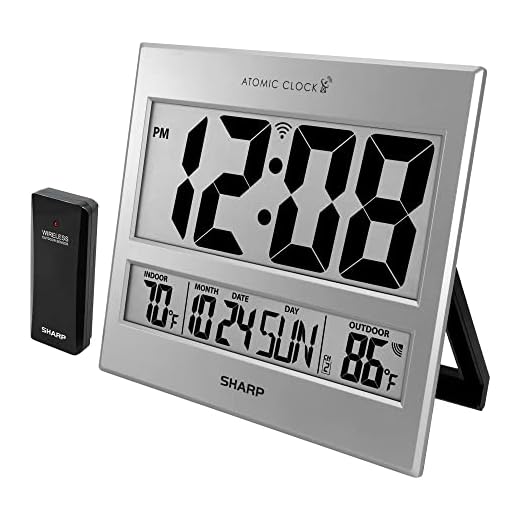 Sharp Atomic Clock - Atomic Accuracy - Never Needs Setting! -Silver Tech Style - Jumbo 3" Easy to Read Numbers - Indoor/Outdoor Temperature Display with Wireless Outdoor Sensor - Easy Set-Up!