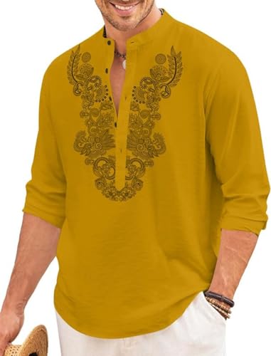 Image of FINIVO FASHION Men's Cotton Blend Short Kurta with Full Sleeves and Ethnic Neck Design | Casual Crinkle Texture Kurta with Mandarin Collar