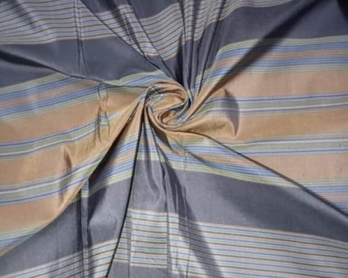 Tissu taffetas 100 % soie de luxe rayures grises dorées bleues pour haute couture