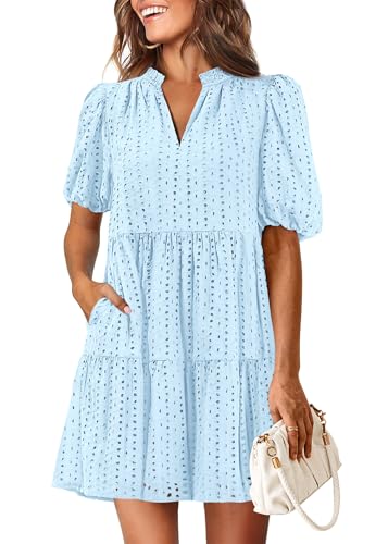 Image of KIRUNDO Eyelet Summer Dresses for Women 2026 Mini Casual Hollow Out Short Sleeve Lace Tiered V Neck Shift Dress Pockets