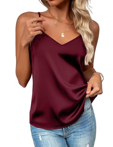 Zeagoo Women's Silk Satin Tank Tops 2025V Neck Adjustable Spaghetti Strap Sleeveless Camisole Deep Red
