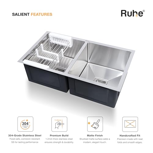 Image of Ruhe Handmade Double Bowl Kitchen Sink - 37x18x10 inches | 304-Grade Stainless Steel Sink | Brushed Matte Finish | Including Couplings, Waste Pipe, Sink Connector & Vegetable Washing Basket