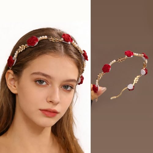 Floral Headband Red Rose White Pearls Metal Flowers Crown Headpiece Sweet Hairband Artificial Roses Hair Accessories Hair band for Women Girls Bridal Wedding Holiday Party Photos Headdress