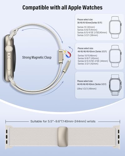Yoohoo Elastic Nylon Strap for Apple Watch Straps 38mm 40mm 41mm 42mm 44mm 45mm 46mm 49mm Women Men - Strong Magnetic Clasp Stretchy Band for iWatch Series 11 10 9 8 7 6 5 4 3 2 1 Ultra SE,Starlight - Image 4
