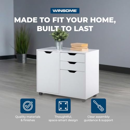 Image of Winsome Halifax Mobile Storage Cabinet with 1 Large Door & 3 Drawers, White