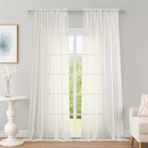 Image of OWENIE Ivory Sheer Curtains, Sheer Curtains 96 inches Long 2 Panels Set, Rod Pocket Voile Fimly Sheer Drapes for Living Room /Bedroom, 2pcs, Each 59 inch W x 96 inch L