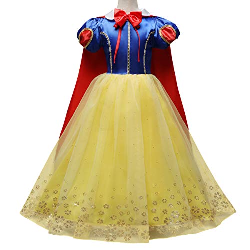 Toddler Girls Snow White Princess Fancy Dress Up Puff Sleeve Cosplay Queen Fairytale Role Play Halloween Costume Pageant Birthday Party Floor Length Dance Gown Tulle Outfit Long Cape Cloak 5-6 Years