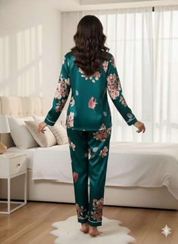 Image of Night Suit for Women with Full Sleeve Button-Down Top with Pant Dress for Woman, Night Dress for Woman, Lycra Two-Piece Loungewear Set