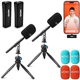 Movo Wireless Mini Wireless Microphone for iPhone Podcast Equipment Bundle with WMX-HM Handle/Desktop Mic Stand - Wireless iPhone Mics for Podcasting, Interviews, and Content Creation (Lightning)