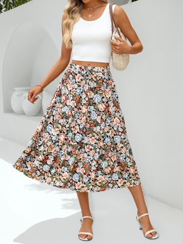 MEROKEETY Women's Boho Leopard Print Skirt Pleated A-Line Swing Midi Skirts
