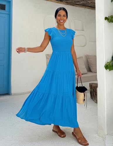 Image of ZESICA Women's 2026 Summer Casual Flutter Short Sleeve Smocked Midi Dress