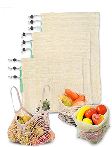 CompraFun Bolsas Reutilizables de Compra, Bolsas de Malla de Algodón Lavables y Transpirables para Frutas, Verduras, Juguetes. Libres de BPA, Ecológicas y Biodegradables (3*S, 3*M, 3*L, 1*XL). Set 10
