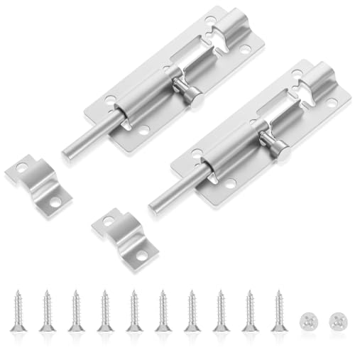 TIESOME 2 Sätze Türriegel Edelstahl,Silber Schieberiegel Riegel Tür, 7,3 × 2,7 cm Schiebeverschluss Riegelverschluss Mit 12 Schrauben Multidirektionales Türriegelschloss Für Schränke Fenster Tore
