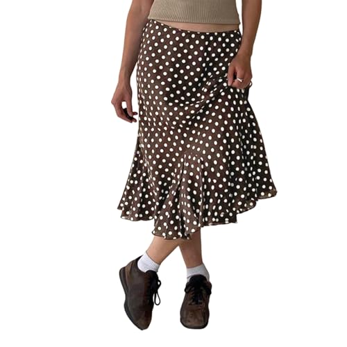 Women Polka Dots Midi Skirt Y2K Sheer Mesh Long Skirts Lace Patchwork Maxi Skirt Low Waisted Pencil Skirts
