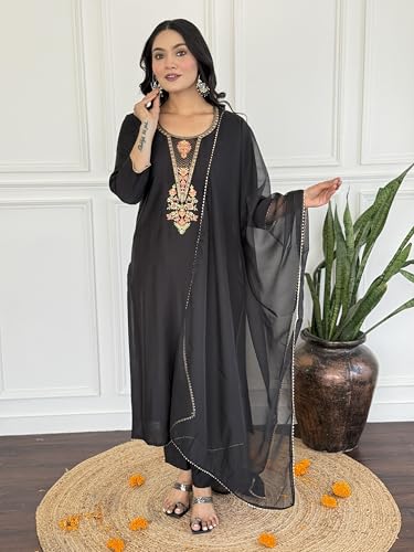 Image of Alvami Women's Silk Embroidery Straight Kurta and Pant Set with Dupatta