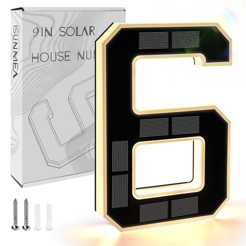 ISUNMEA 9 Inch Solar Lighted House Numbers for Outside, Light Up Waterproof LED Address Numbers Signs for Houses, Large Personalized Illuminated Exterior Modern House Numbers Light (6-Black, 9IN)