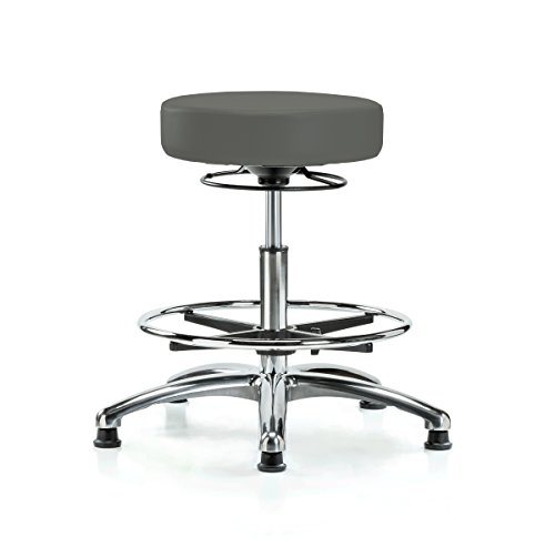 Image of Perch Chrome 360 Degree Height Adjustable Stationary Stool with Foot Ring | Medium Bench Height 20.5-28 inch | Charcoal Vinyl