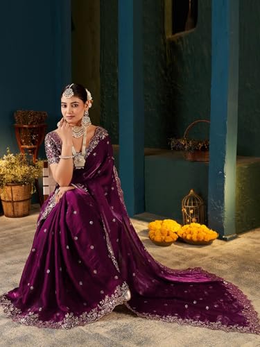 Image of SIRIL Women's Tissue Silk Sequence Embroidery Saree with Unstitched Blouse Piece