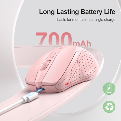 Image of TECKNET Wireless Mouse, BT 5.0 /2.4G, Rechargeable 6-DPI Silent, Pink | Bluetooth 5.0 /3.0 & USB A, 2-Device Easy Switch, Wide OS Compatible, 6 Buttons, 6-DPI up to 4800, Ergonomic for S to M Hands