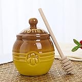 Kosmeey Ceramic Honey Pot with Dipper - Brown Honey Jar with Stand, Great Bee Decor - Farmhouse Kitchen Decor