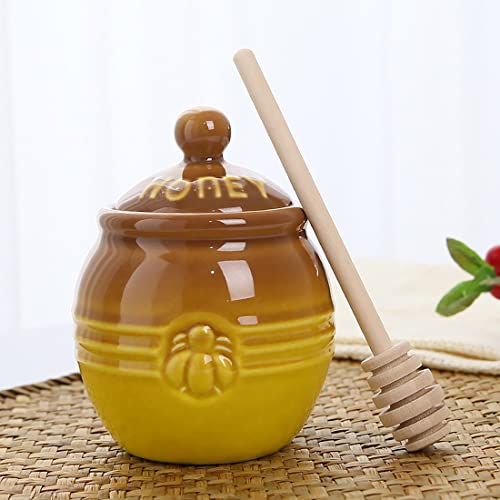 Kosmeey Ceramic Honey Pot with Dipper - Brown Honey Jar with Stand, Great Bee Decor - Farmhouse Kitchen Decor
