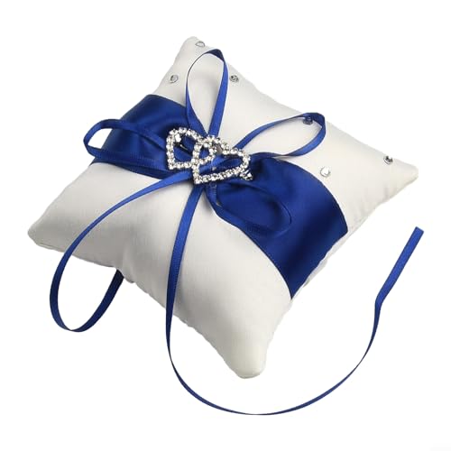 Coussin pour alliances avec ruban de satin blanc et double cœur Bleu
