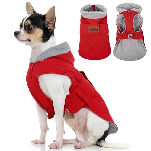 FUAMEY Warm Dog Coat Small, Soft Fleece Lined Pup Jacket with Hood Snap, Sleeveless Winter Dogs Vest for Outdoor Walks, Puppy Cold Weather Clothes with Harness Hole (Red, XS) Red X-Small