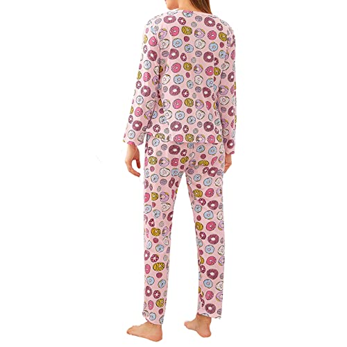 Cutestreet Women Cute Cartoon Pajama Set Long Sleeve Sleepwear Tops With Long Pants Crew Neck Pullover Sleepwear Pink #TOP1