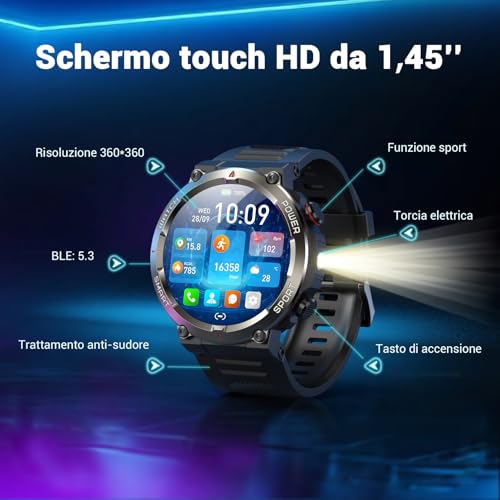 Blackview Smartwatch Uomo, Orologio Intelligente Fitness con Chiamate Bluetooth,1.45" Militari Smart Watch Tracker 100+ Modalità Sportive per Cardiofrequenzimetro,SpO2, Torcia,Bussola per Android iOS - Immagine 1