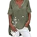 Maglietta estiva da donna, a maniche corte, scollo a V, motivo floreale, in cotone e lino, per il tempo libero, con scollo profondo, verde militare, XL