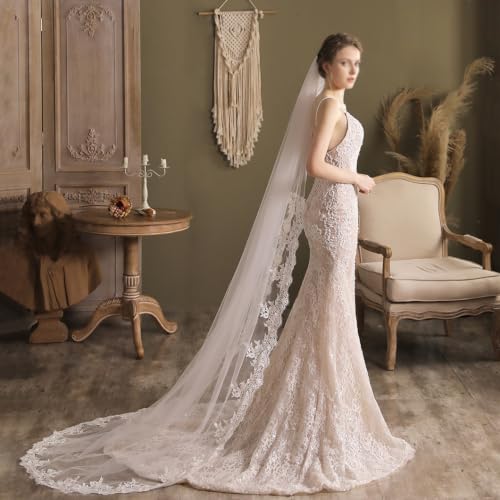Velo de novia blanco de 230 cm con peineta y cola de encaje largo 2