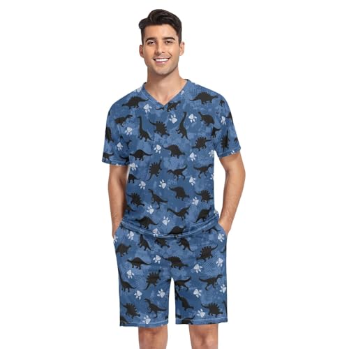 Men's Short Sleeve Pajama Set Cartoon Dinosaur Summer Pjs Set 2 Piece Loungewear Sleepwear with Pockets