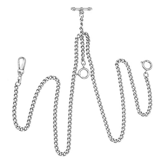 SIBOSUN Cadena de reloj de bolsillo doble Albert T-Bar antiguo de 29 pulgadas, chaleco, 1.2 Plata