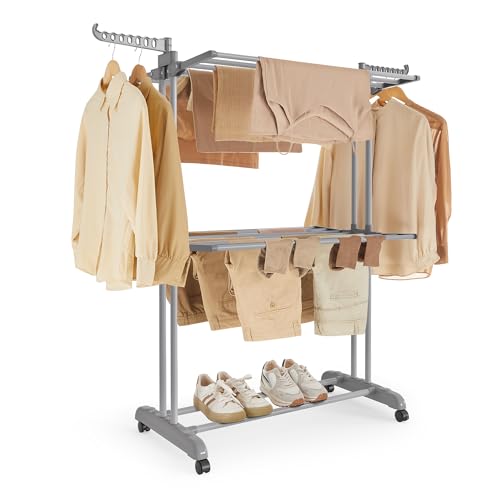 SONGMICS Clothes Drying Rack 3-Tier, Foldable Laundry Drying Rack 58.3-Inch Tall, Stainless Steel, Rolling Clothes Horses, Clothes Airer, Indoor Outdoor Use, Dove Gray ULLR702G01