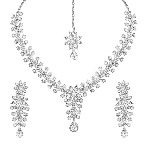 Image of Atasi International Diamond Necklace Jewellery Set for Women with Earrings and Maang Tikka for Wedding, Party, Engagements & Festivals