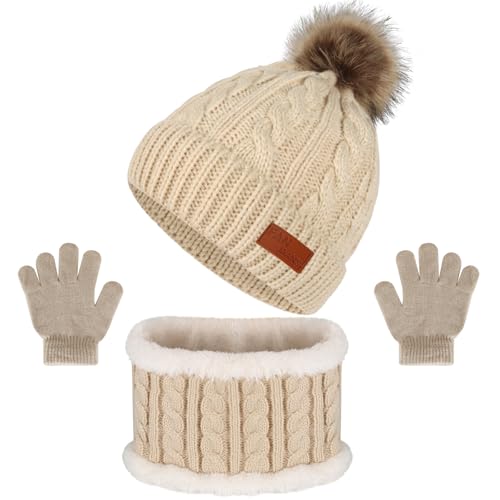 Image of Kids Hat Scarf Gloves Set, Kids Winter Beanie Hat Scarf Gloves Set with Knit Thick Warm Fleece Lined for 1-6 Years Old