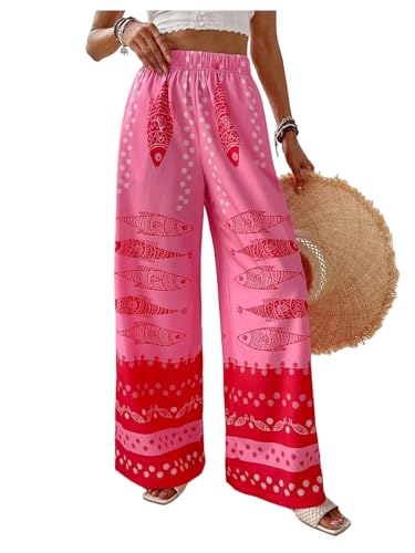 MakeMeChic Women's Floral Wide Leg Pants Beach Vacation High Waist Boho Palazzo Trousers