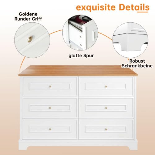 vutizal Cassettiera rustica 120 cm con 6 cassetti, credenza bianca effetto legno con manici dorati, mobili per camera da letto